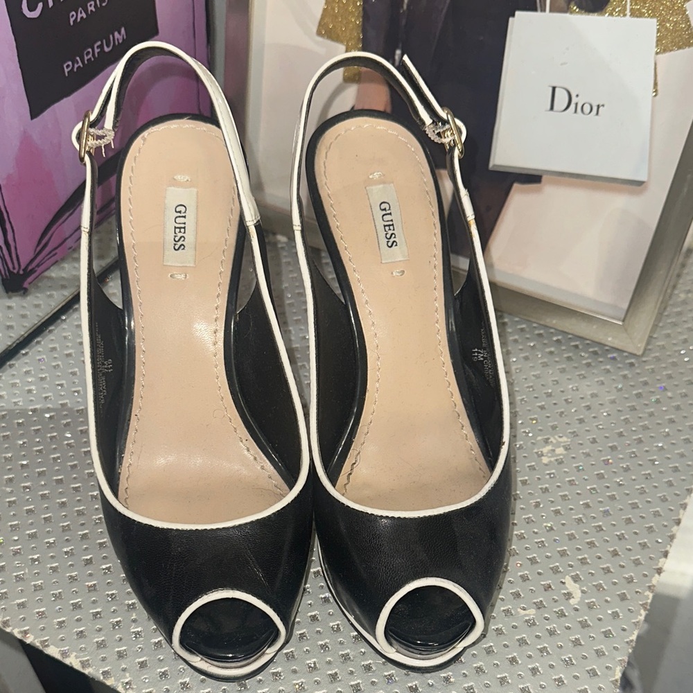 Guess Black and White Peep Toe Heels